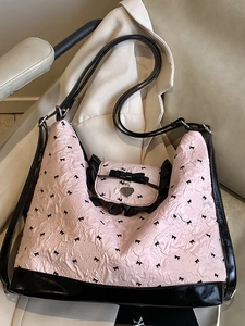 Women Sweet Tote Bag With Bow Design PU Pleated Texture Large Capacity Shoulder Bag For Casual Daily Commuting Trendy Handbag