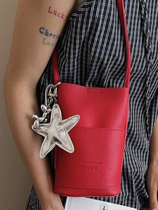 Red lychee grain leather bucket bag featuring a large silver star and balloon dog charm