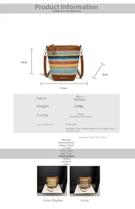 Infografik mit Maßen und Materialien dieser gestreiften gewebten Beuteltasche für Damen