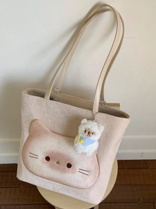 Sac cabas mignon en velours beige avec motif chat et charmant pendentif blanc