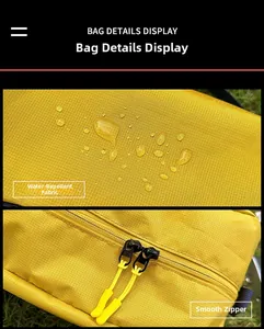 Detail view of yellow water-resistant nylon fabric and smooth two-way zippers with pull cords
