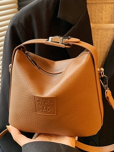Women Litchi Pattern PU Leather Shoulder Bag Geometric Crossbody Handbag With Metal Lock Detachable Strap Urban Minimalist