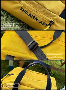 Detail of yellow grid texture bag with adjustable shoulder strap and printed logo