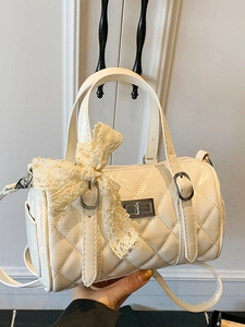 Women Quilted PU Leather Barrel Bag With Lace Bow Rhombus Lattice Handbag Fashion Shoulder Crossbody Bag For Daily Use