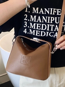 Chic brown litchi pattern leather shoulder bag with silver metal lock for women