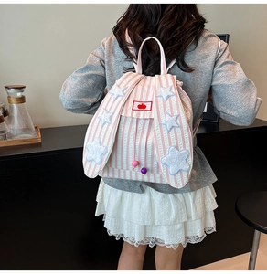 Detail shot of cute bunny ears with blue stars on pink striped high-capacity backpack