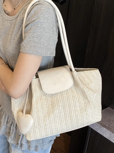 Pastoral woven tote bag with white leather flap for summer beach and vacation