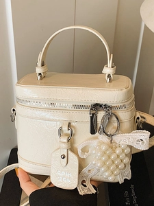 Women's Urban Minimalist PU Leather Box Shoulder Bag With Artificial Pearl Lace Pendant Pleated Texture Crossbody Handbag Square Bag