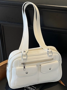 Women Retro PU Leather Bowling Shoulder Bag Multi Pocket Large Capacity Crossbody Bag Fashion Underarm Tote Bag With Silver Hardware
