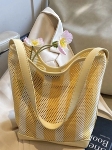 Women Lazy Style Striped Hollow Out Shoulder Bag Large Capacity PU Mesh Splicing Tote Bag Fashion Casual Beach Handbag