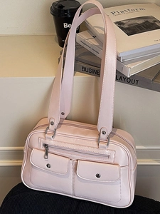 Retro light pink bowling shoulder bag with multiple functional pockets for women