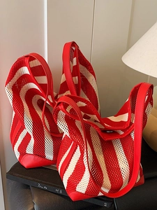 Chic red and white striped mesh hollow bucket bag with leather trim for women