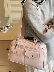 Fashion vintage pink bowling shoulder bag for women with multiple front pockets