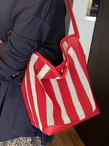 Red and white striped mesh tote bag with large capacity and red leather shoulder strap