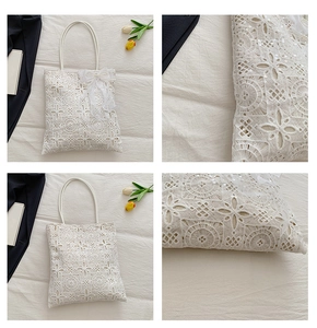 Dettaglio della borsa tote in pizzo bianco traforato con motivi floreali e fiocco