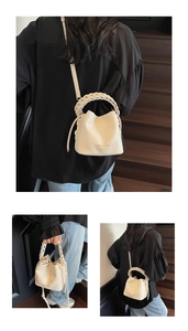 Detailed views of a white lychee grain bucket bag with woven handle and gold lettering