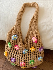 Sac Cabas Tissé au Crochet Fait à la Main Avec Décoration Florale 3D Sac à Épaule de Plage d'Été pour Femmes Sac à Main en Tricot Style Bohème