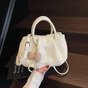 Women Pleated Cloud Shoulder Bag Fashion Soft PU Leather Handbag With Artificial Pearl Bow Charm Casual Crossbody Bag For Lady