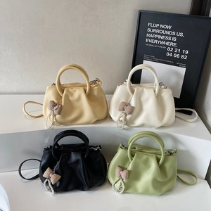 Chic pleated cloud shoulder bags in yellow, white, black and green with pearl charms