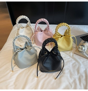 Litchi pattern bucket bags in five colors featuring thick braided rope handles and drawstring