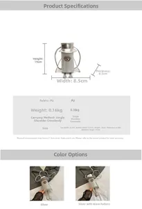 Detailed size chart and specifications for the silver cylindrical PU crossbody bag