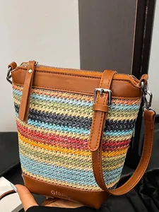 Damen Strohgeflecht Eimertasche PU Leder Patchwork Sommer Strand Urlaub Bunte Gestreifte Schulter Umhängetasche