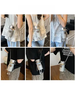 Detailed views of the silver glitter robot crossbody bag worn with various outfits