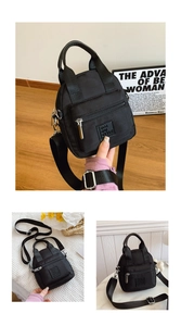 Detailed views of a black nylon crossbody bag showing handheld and tabletop display