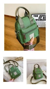 Detailed views of the green nylon crossbody bag showing the strap and metal logo