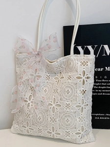 Borsa Tote in Pizzo Bianco Romantico Francese Per Donna Ricamo Floreale Traforato Grande Capacità Borsa a Tracolla Con Fiocco Künstliche Perle Accessori Dolce Borsa a Mano