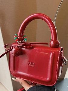 Borsa a Mano Quadrata da Donna in Pelle PU Lucida Con Elegante Ciondolo a Fiocco e Perline Borsa a Tracolla Stile Coreano