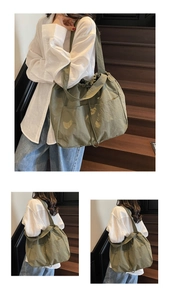 Detail of olive green nylon tote bag featuring drawstring closure and side pockets