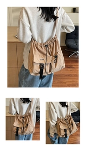 Three views showing khaki nylon drawstring shoulder bag with utilitarian pockets and large capacity