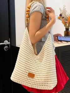 Handmade woven tote bag for women with wooden bead straps and cream crochet finish