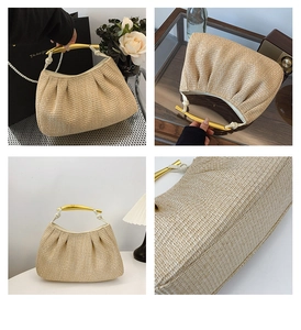 Macro detail of beige straw woven bag with gold metal handle for summer vacation style
