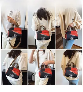 Vues détaillées du sac bandoulière en nylon imperméable rouge et noir avec imprimé stylé