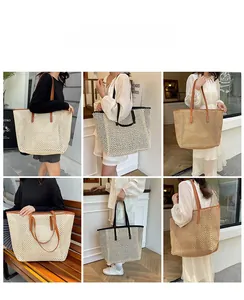 Detailed close-up of large straw tote bags in various outdoor and cafe lifestyle settings