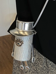 Creative silver cartoon top hat crossbody bucket bag with sparkling rhinestone eye details