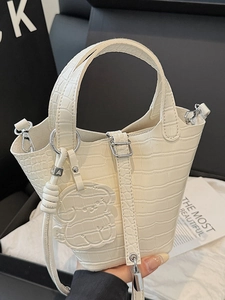 Women Crocodile Pattern PU Leather Bucket Bag Top Handle Crossbody Shoulder Bag With Bear Charm Lock Decor Urban Style