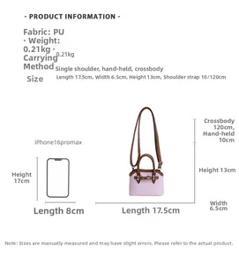 Detailed size specifications for a purple faux leather shell bag with 17.5cm width and weight