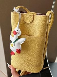 Petit Sac à Bandoulière de Téléphone en Cuir PU Motif Litchi Style Coréen Pour Femmes Avec Pendentif de Canard Mignon