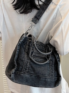 Japanese casual denim shoulder bag in dark gray wash with adjustable strap and handles