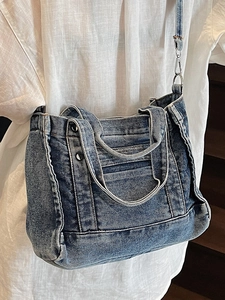 Japanese style washed denim tote bag with shoulder strap for casual summer wear