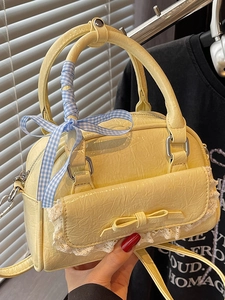 Schleife Spitze Umhängetasche Für Damen Vintage Knitteroptik PU Leder Bowling Handtasche Kleine Quadratische Crossbody Tasche