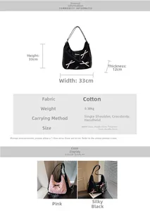 Tabella taglie dettagliata per borsa a tracolla con fiocco e info tessuto nylon
