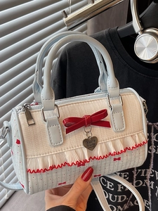 Sweet Japanese Style Boston Bag For Women Fabric Cylindrical Shoulder Bag With Heart Pendant Bow Decor Kawaii Handbag