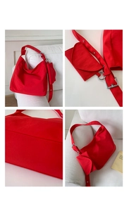 Detail shots of bright red canvas tote bag with adjustable strap and matching coin purse