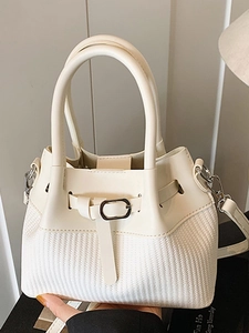 Women Patchwork PU Leather Bucket Bag Minimalist Striped Woven Shoulder Bag Handbag For Daily Vacation Fashion Crossbody Bag