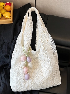 Sac Cabas en Dentelle Ajourée à Fleurs pour Femmes Avec Charme de Tulipe Grande Capacité Style Mori Girl Sac à Épaule en Toile