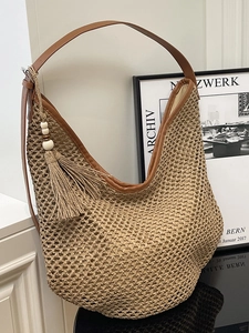 French Large Woven Straw Shoulder Bag For Women Beach Vacation Hollow Tote With Tassel Wood Bead Casual Summer Handbag